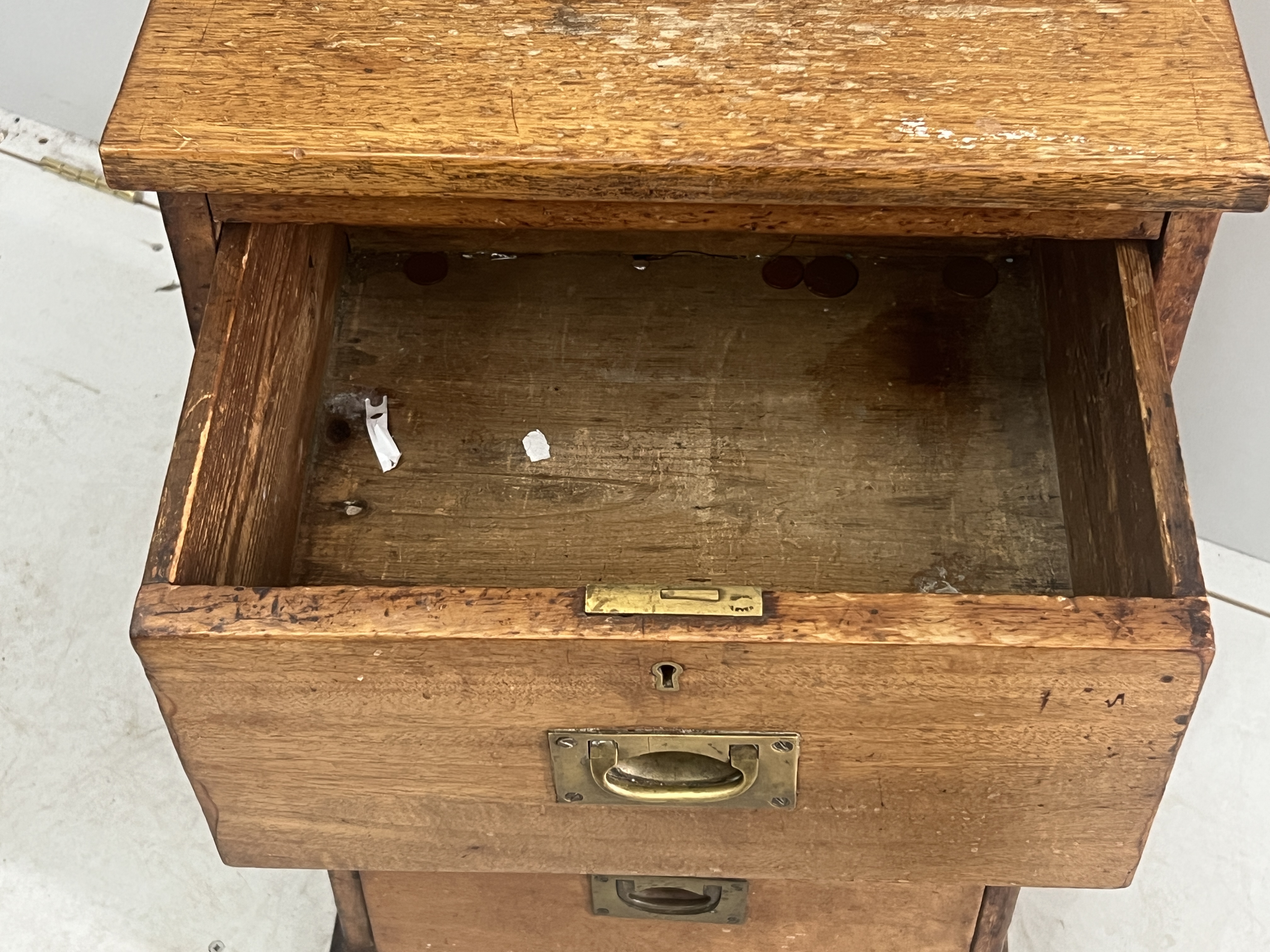 A Victorian mahogany three drawer bedside chest, adapted, width 42cm, depth 35cm, height 74cm